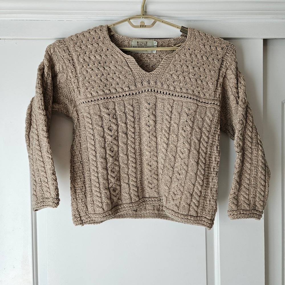 Aran Sweater Market Women S Beige 100% Merino Wool Cable Knit V-Neck Ireland‎